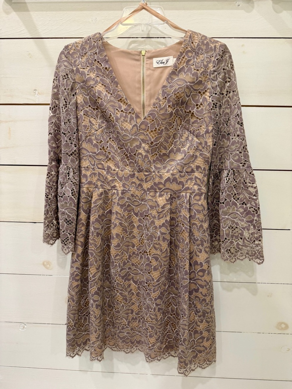 Eliza J Taupe Lace V-Neck Fit & Flare Mini Dress